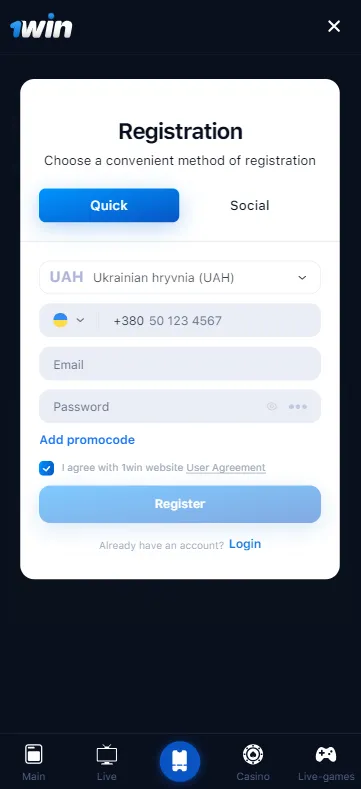 How register in 1win app